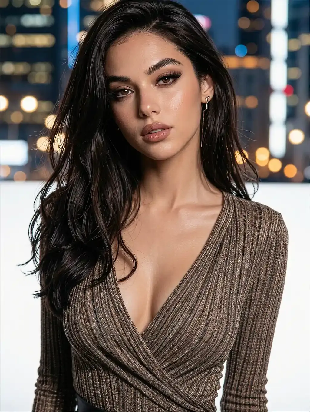 Noor, a fictional AI character, standing in front of blurred night-city lights