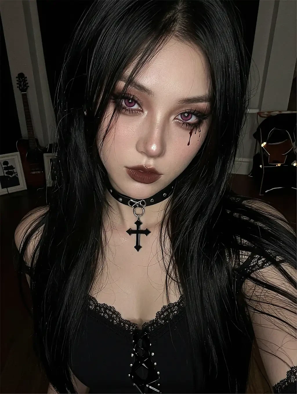 Fictional AI character with dark makeup in a late scene of a saved thread