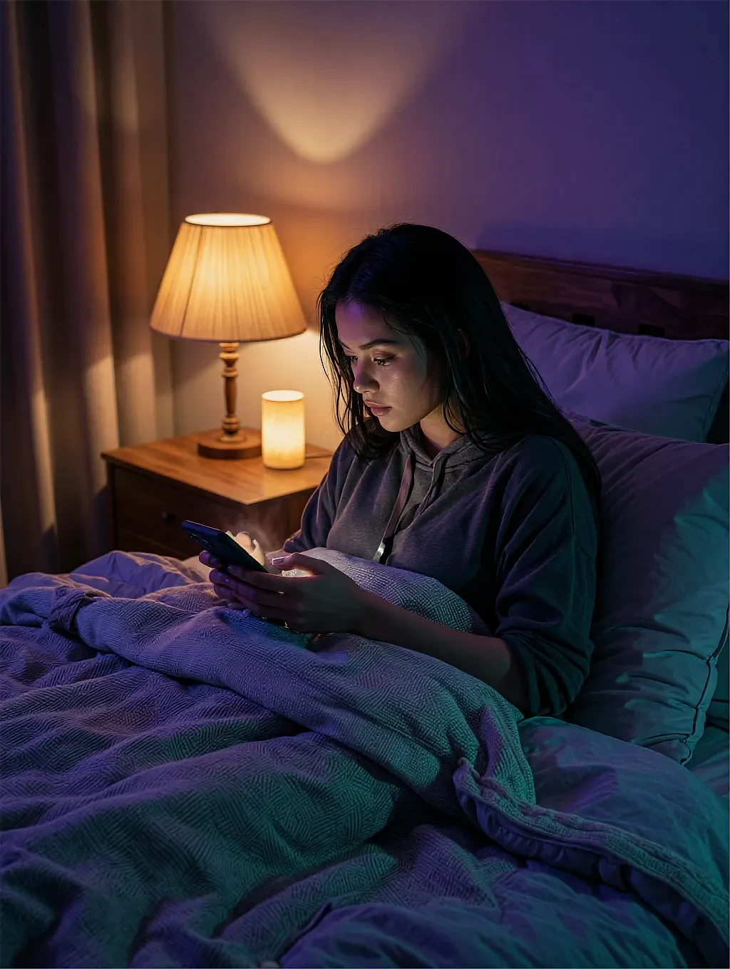 Fictional AI character texting from bed under a lamp, in the chat save slot