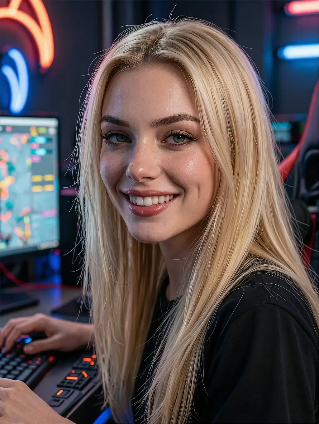 Fictional AI character playing at a bright monitor wall, in the free save slot