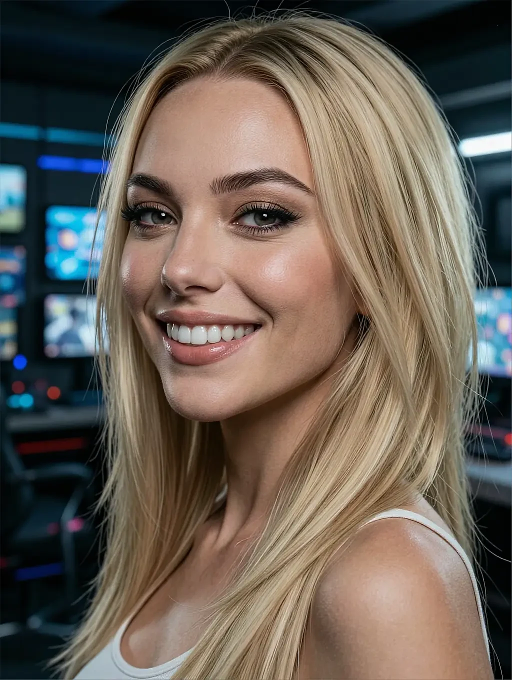 Fictional AI character smiling at her monitors during a run