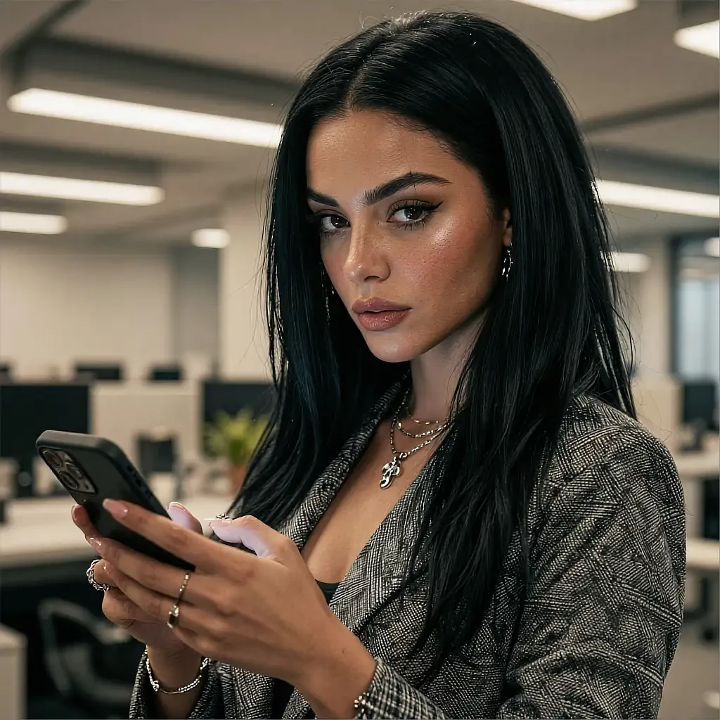 Square save-slot thumbnail: a fictional AI character checking her phone in a lobby